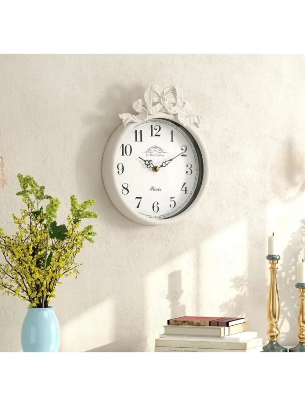 NWT French Country Shabby Chic Bow Decor Round Wall Clock In Off-White